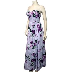 Floral Maxi Dress Womens Medium Purple Lavender Strapless Corset Gown